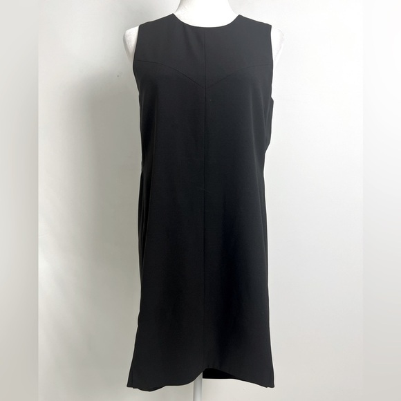 Aijek Black Minimalist Sheer Panel Sleeveless Hi-Lo Hem Knee Length Shift Dress - Picture 2 of 13